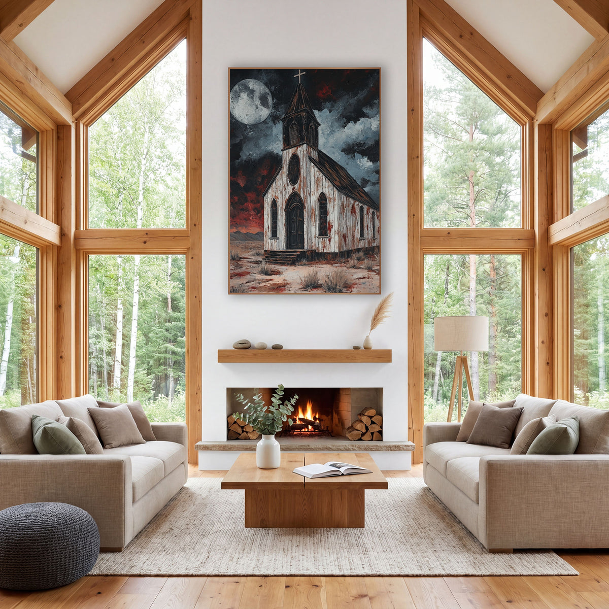Moonlit Desert Chapel Western Gothic wall art in a rustic western-style room – weathered white wooden chapel