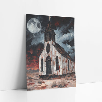 Moonlit Desert Chapel Western Gothic art print leaning against a white wall – weathered white wooden chapel with cross