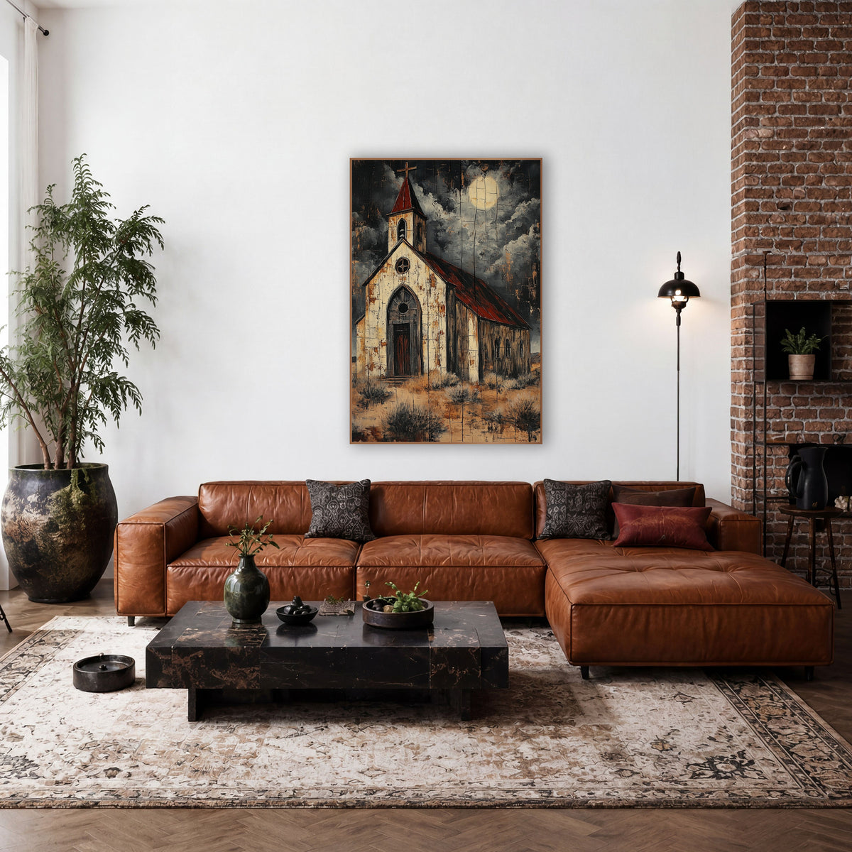 Moonlit Desert Chapel Western Scene wall art in a rustic western-style room – white desert chapel with red roof