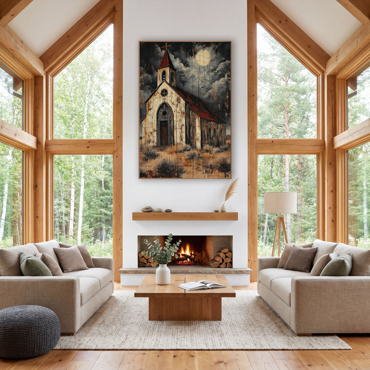 Moonlit Desert Chapel Western Scene wall art in a rustic western-style room – white desert chapel with red roof