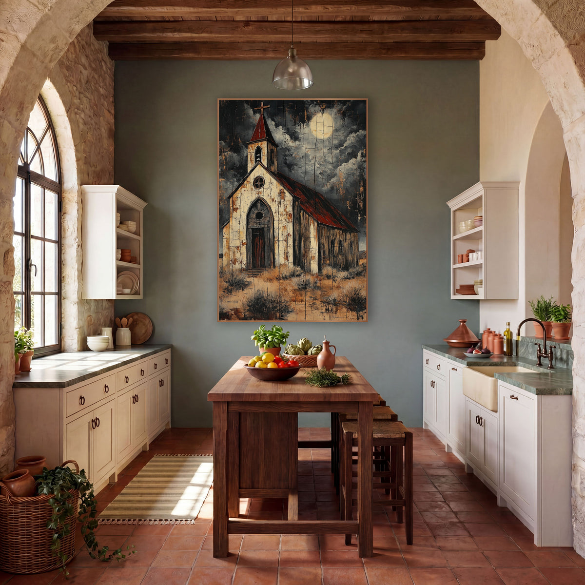 Moonlit Desert Chapel Western Scene wall art in a rustic western-style room – white desert chapel with red roof