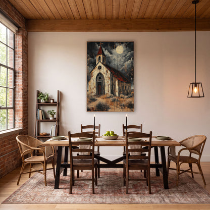 Moonlit Desert Chapel Western Scene wall art in a rustic western-style room – white desert chapel with red roof