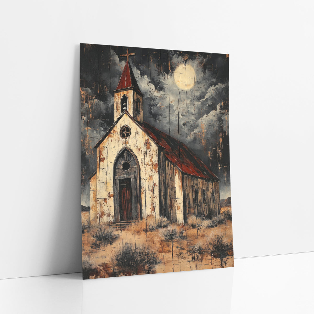 Moonlit Desert Chapel Western Scene art print leaning against a white wall – white desert chapel with red roof and cross
