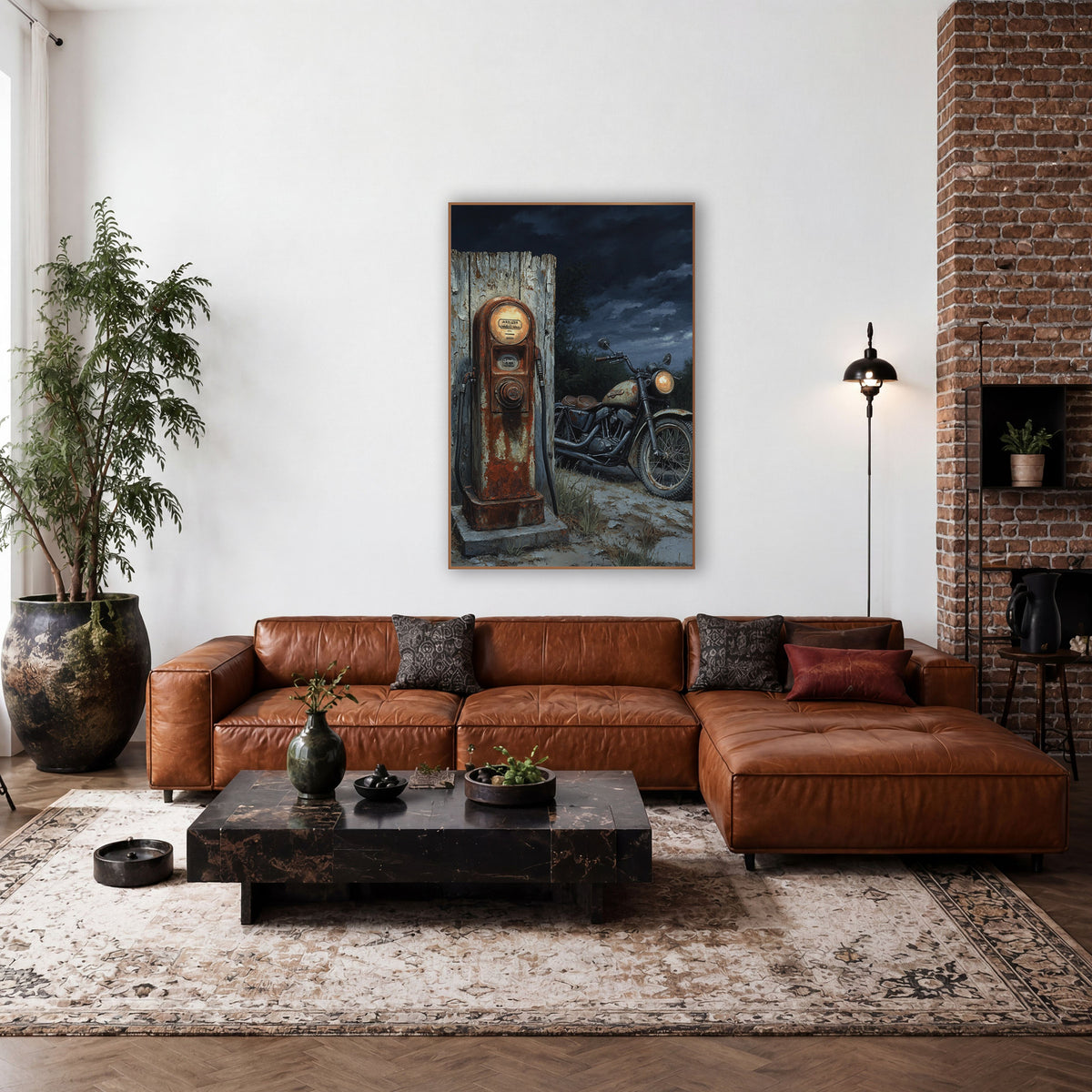 Glowing Pump Moonlit Chopper Oil wall art in a rustic western-style room – rusty old gas pump beside a parked vintage
