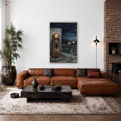 Glowing Pump Moonlit Chopper Oil wall art in a rustic western-style room – rusty old gas pump beside a parked vintage