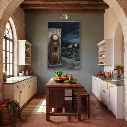 Glowing Pump Moonlit Chopper Oil wall art in a rustic western-style room – rusty old gas pump beside a parked vintage