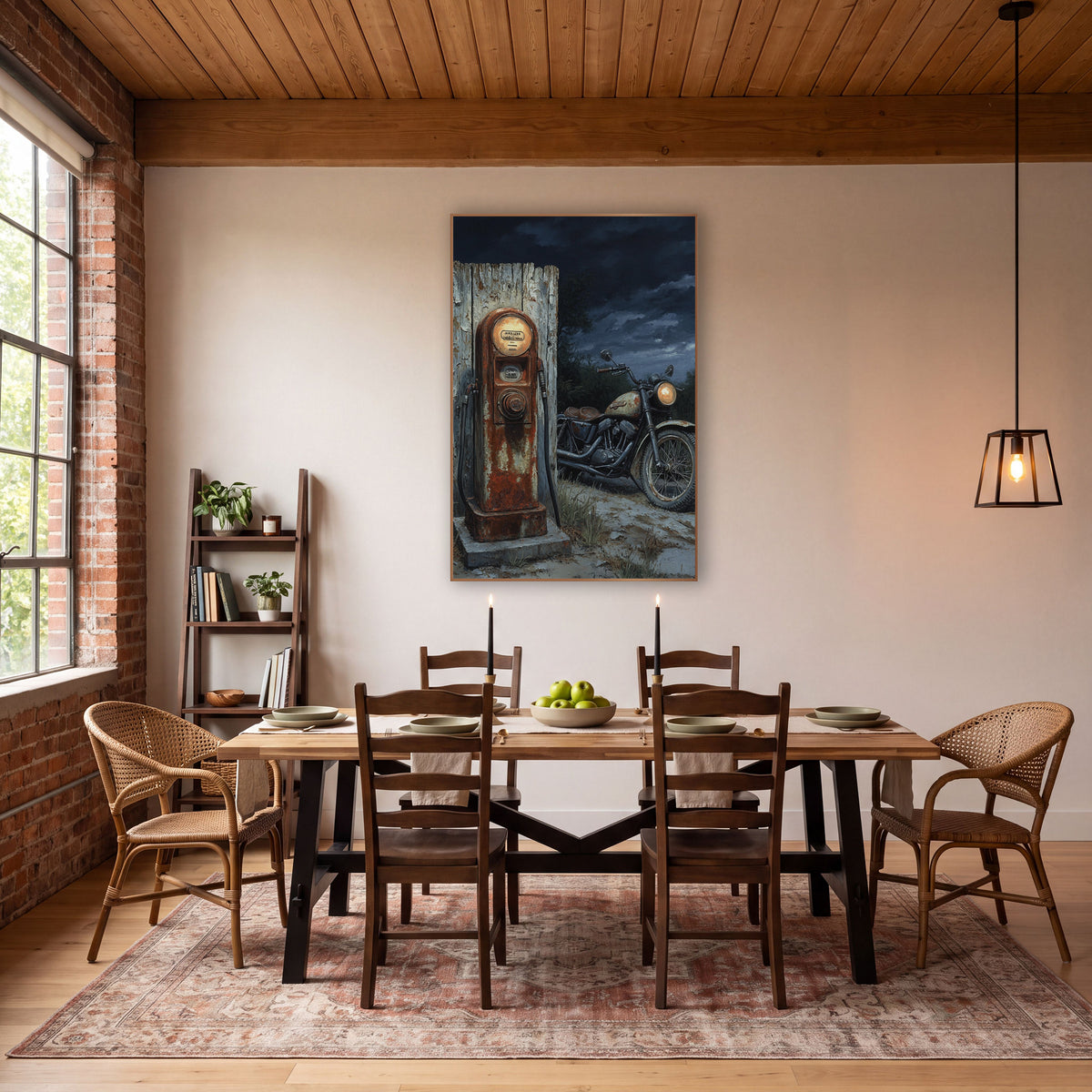 Glowing Pump Moonlit Chopper Oil wall art in a rustic western-style room – rusty old gas pump beside a parked vintage