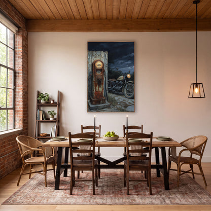 Glowing Pump Moonlit Chopper Oil wall art in a rustic western-style room – rusty old gas pump beside a parked vintage