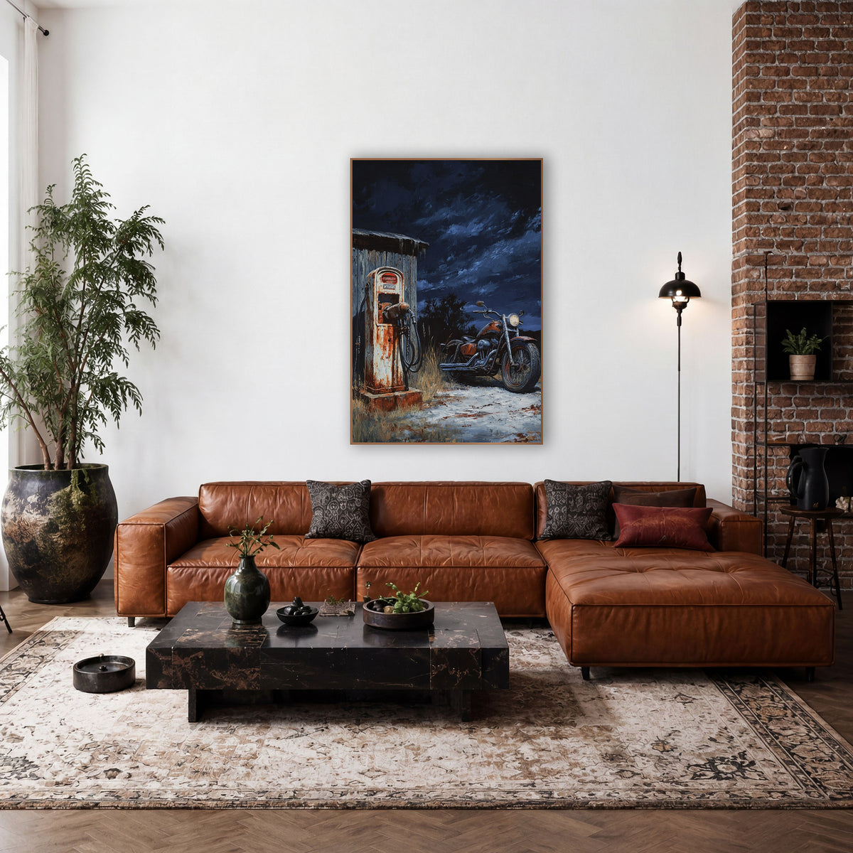 Rusty Roadside Pump Western Americana wall art in a rustic western-style room – rusty old gas pump beside a gray