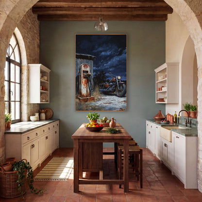 Rusty Roadside Pump Western Americana wall art in a rustic western-style room – rusty old gas pump beside a gray