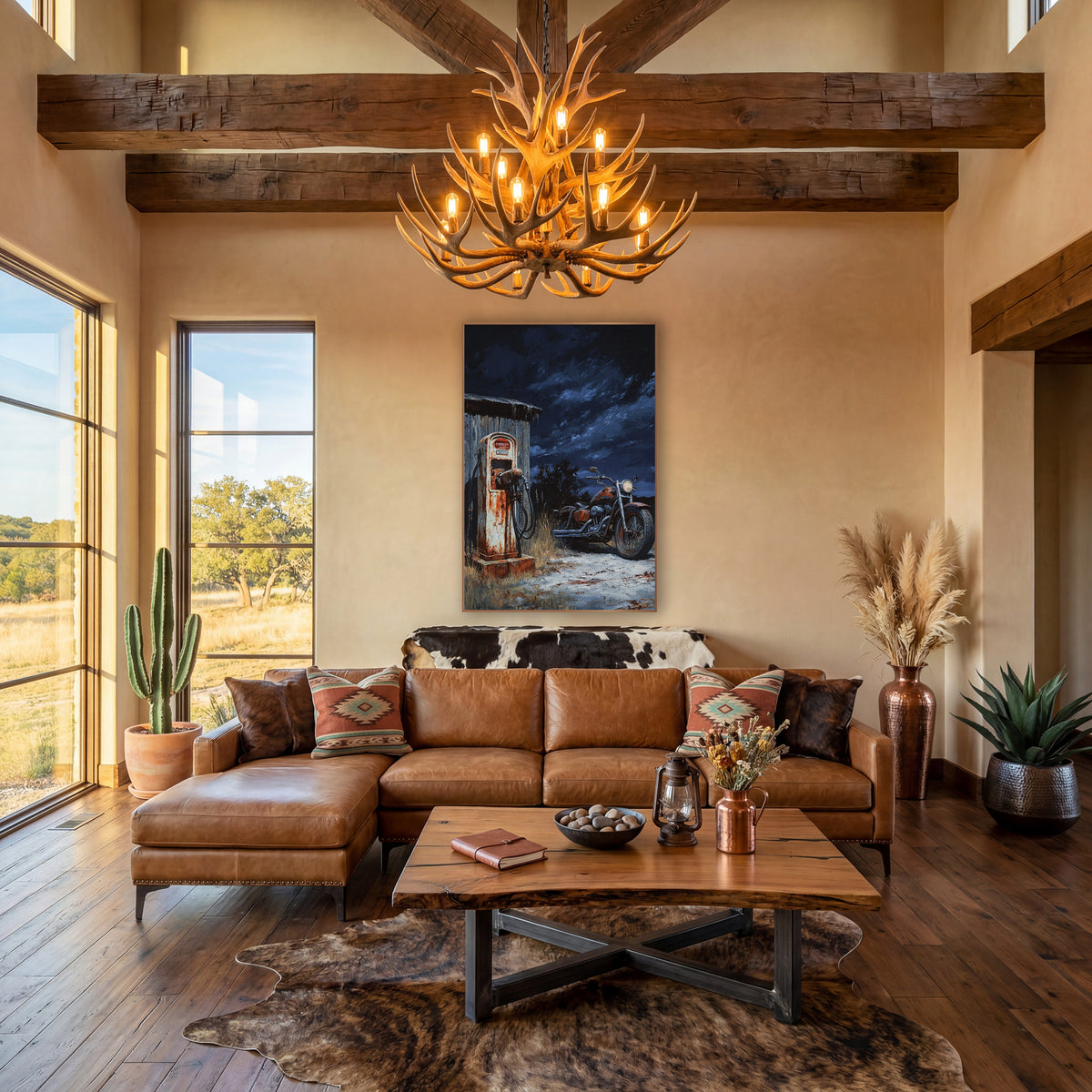 Rusty Roadside Pump Western Americana wall art in a rustic western-style room – rusty old gas pump beside a gray