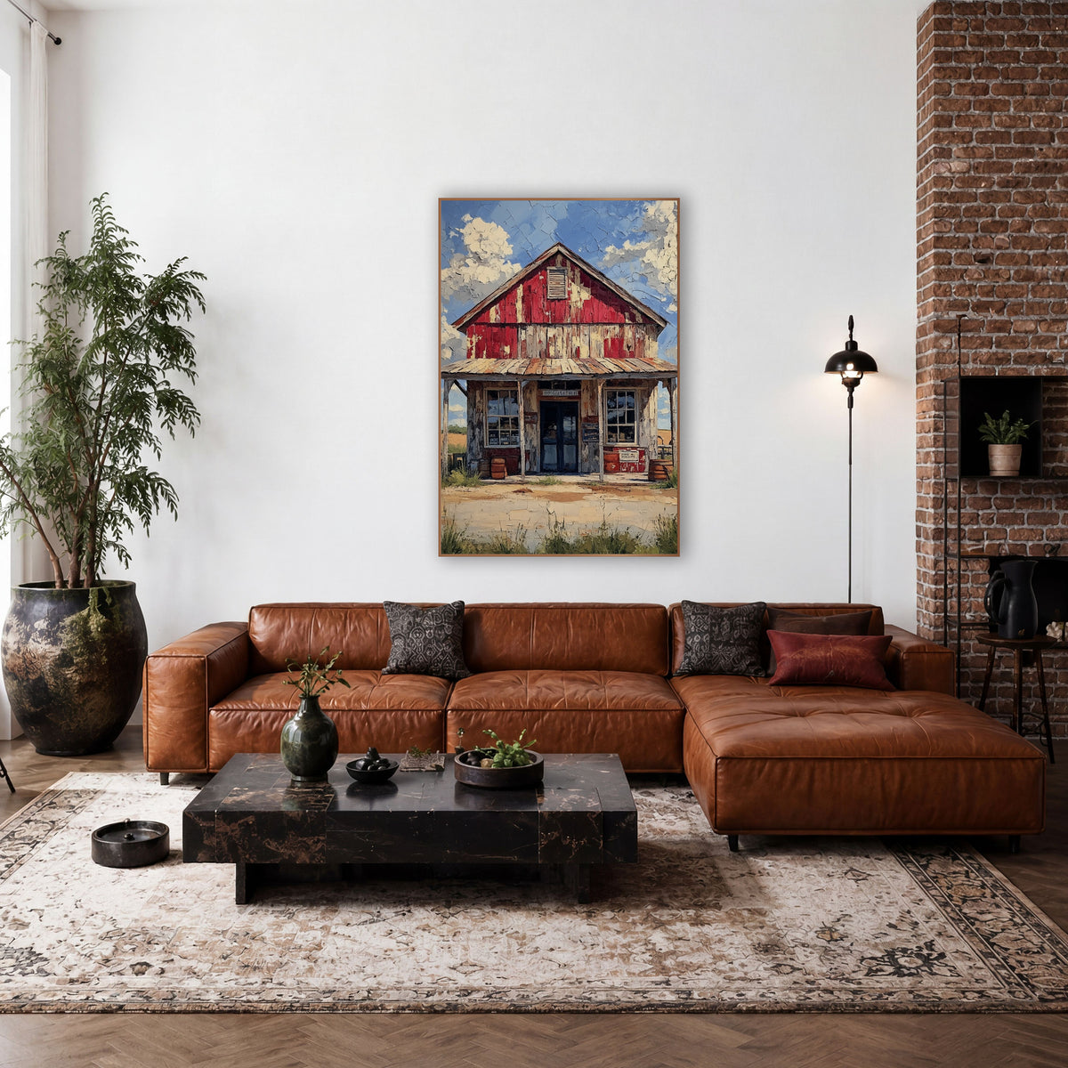 Weathered Red Country Store Western wall art in a rustic western-style room – old red general store with peeling paint