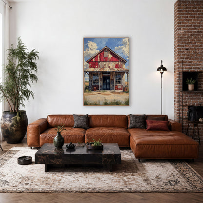 Weathered Red Country Store Western wall art in a rustic western-style room – old red general store with peeling paint