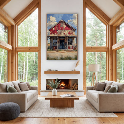 Weathered Red Country Store Western wall art in a rustic western-style room – old red general store with peeling paint