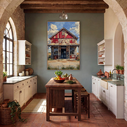 Weathered Red Country Store Western wall art in a rustic western-style room – old red general store with peeling paint