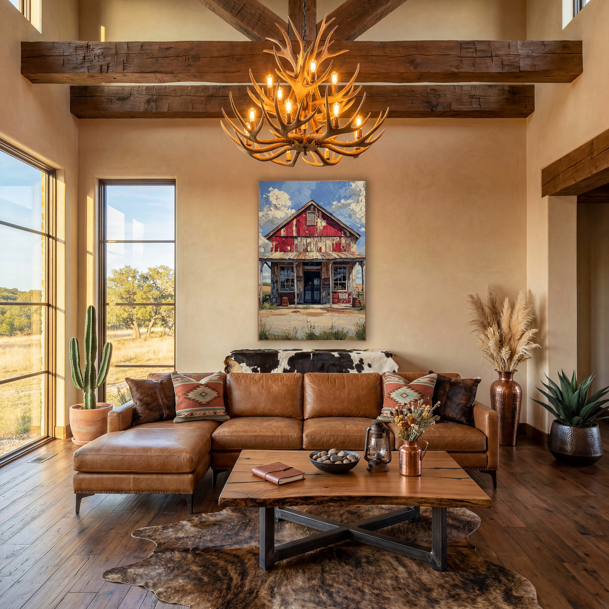Weathered Red Country Store Western wall art in a rustic western-style room – old red general store with peeling paint