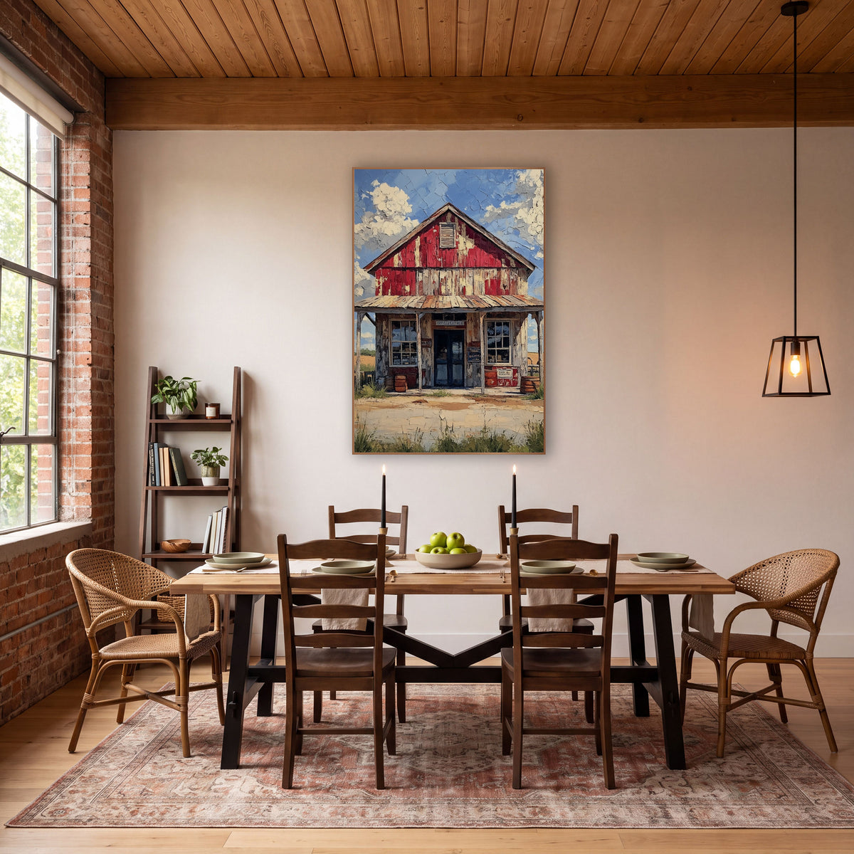 Weathered Red Country Store Western wall art in a rustic western-style room – old red general store with peeling paint