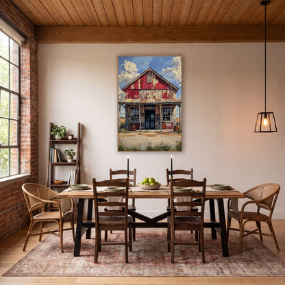 Weathered Red Country Store Western wall art in a rustic western-style room – old red general store with peeling paint