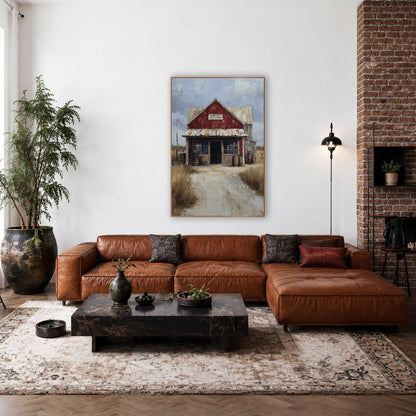Red Prairie Storefront Western Landscape wall art in a rustic western-style room – red gabled country store with rusty