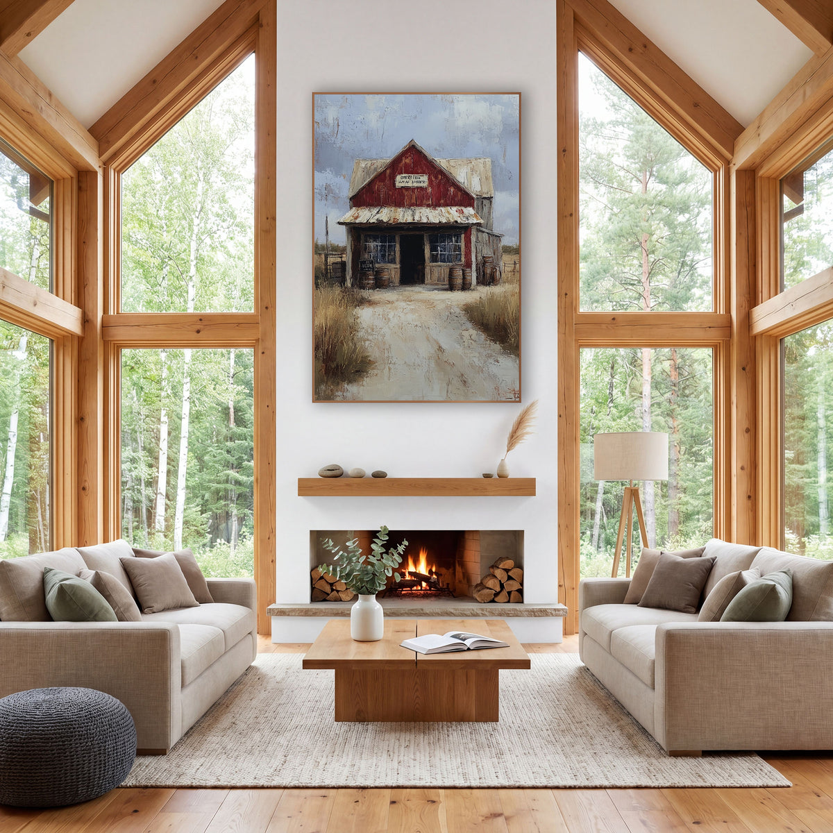 Red Prairie Storefront Western Landscape wall art in a rustic western-style room – red gabled country store with rusty