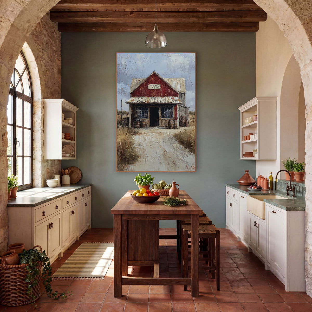 Red Prairie Storefront Western Landscape wall art in a rustic western-style room – red gabled country store with rusty