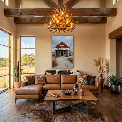 Red Prairie Storefront Western Landscape wall art in a rustic western-style room – red gabled country store with rusty