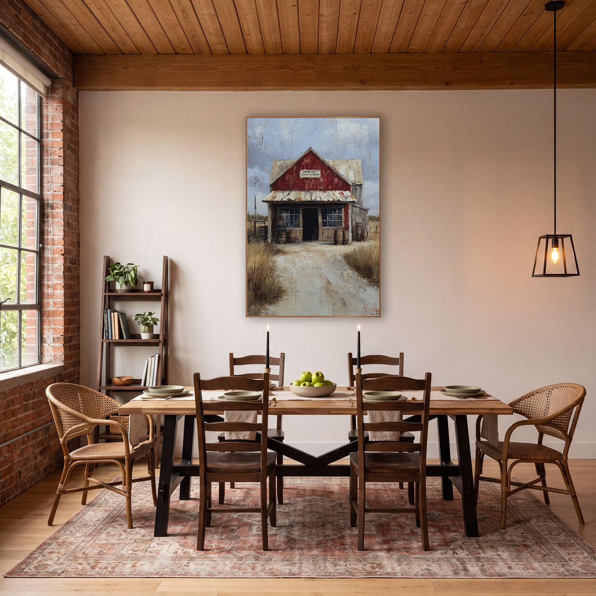 Red Prairie Storefront Western Landscape wall art in a rustic western-style room – red gabled country store with rusty