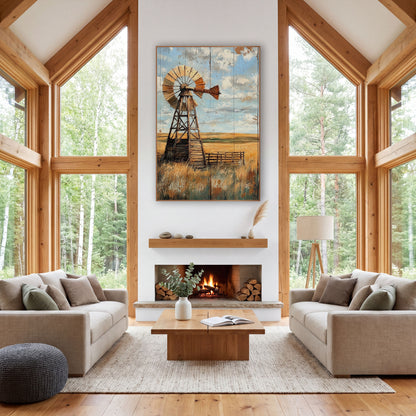 Sunlit Windmill Fenceline Rustic wall art in a rustic western-style room – weathered wooden windmill