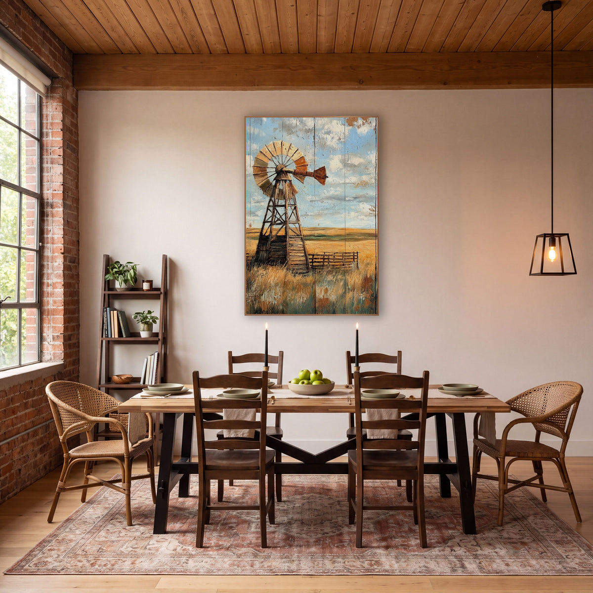 Sunlit Windmill Fenceline Rustic wall art in a rustic western-style room – weathered wooden windmill