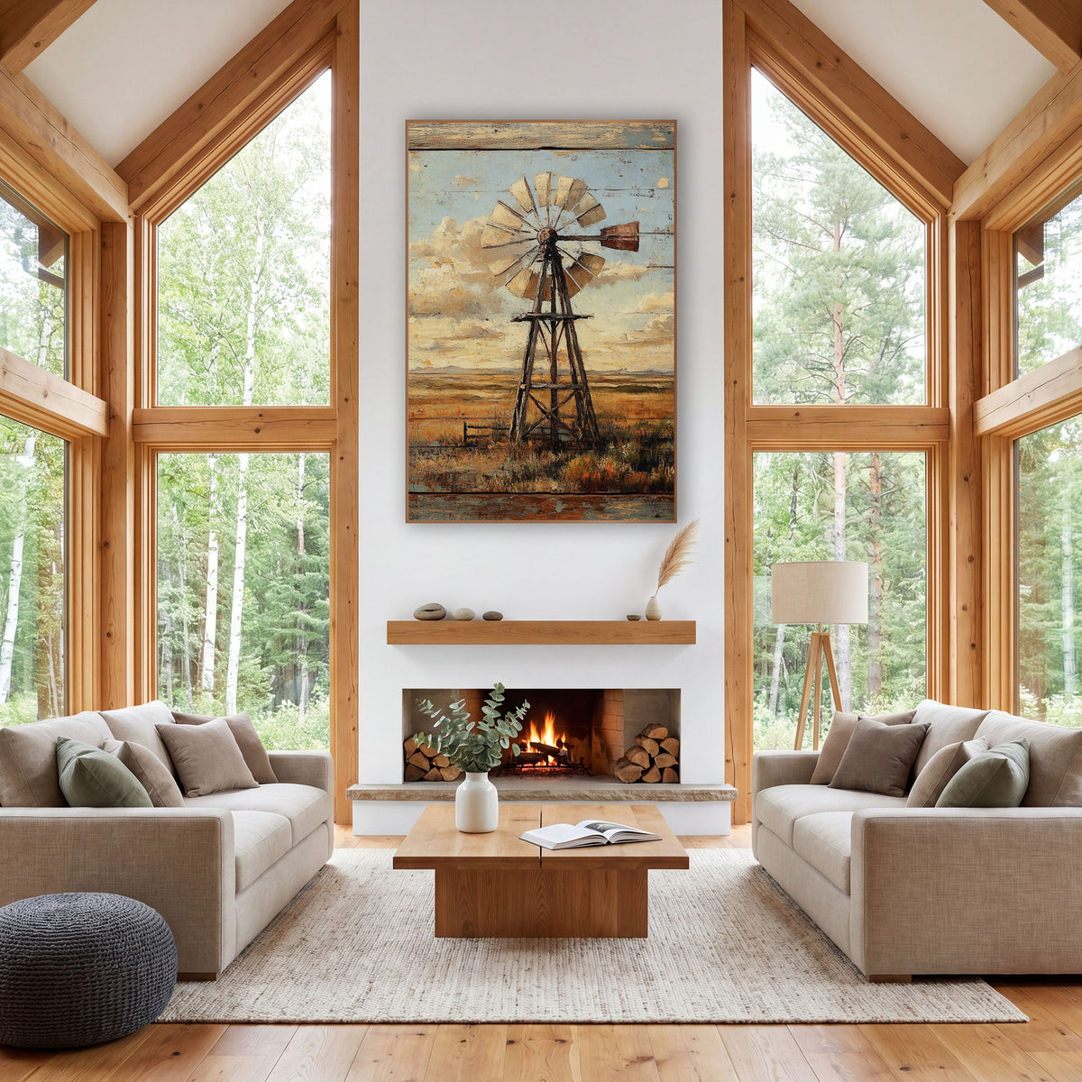 Pale Plank Windmill Vintage wall art in a rustic western-style room – wooden windmill on open prairie under a cloudy