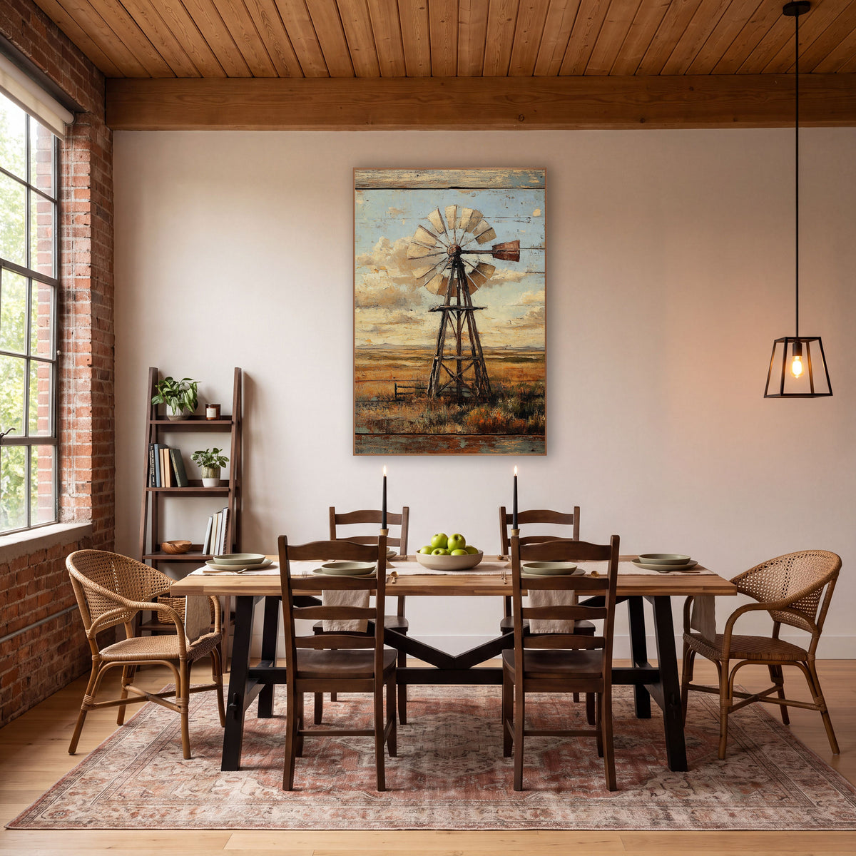 Pale Plank Windmill Vintage wall art in a rustic western-style room – wooden windmill on open prairie under a cloudy