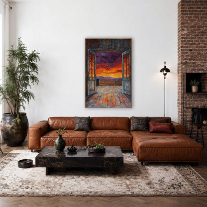 Open Barn Doors Sunset Western wall art in a rustic western-style room – two weathered wooden doors open to a fiery