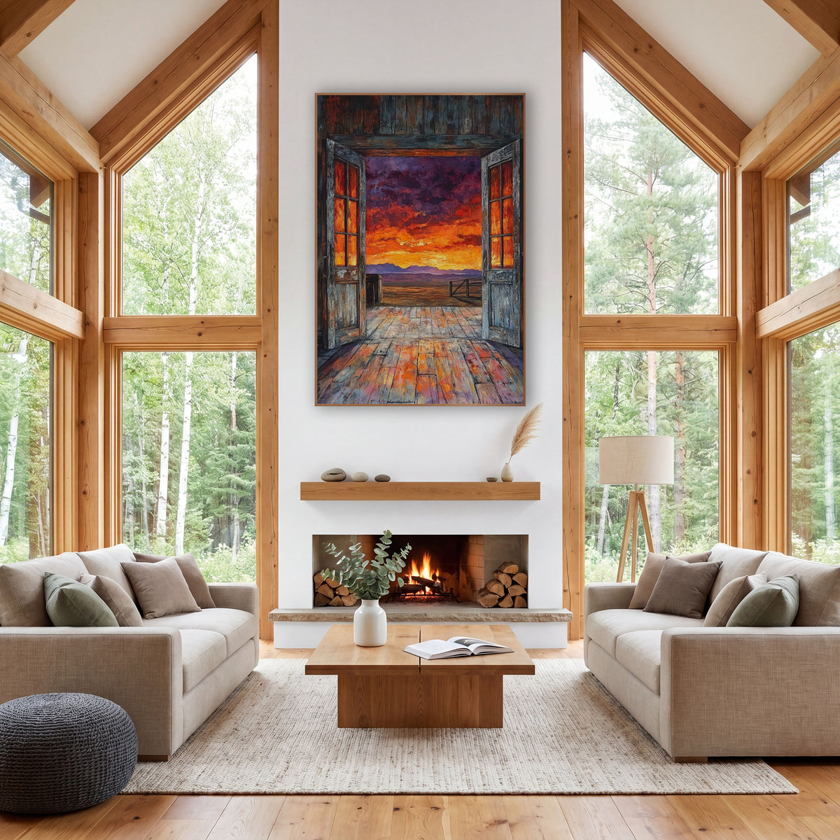 Open Barn Doors Sunset Western wall art in a rustic western-style room – two weathered wooden doors open to a fiery