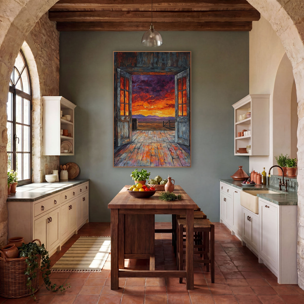Open Barn Doors Sunset Western wall art in a rustic western-style room – two weathered wooden doors open to a fiery