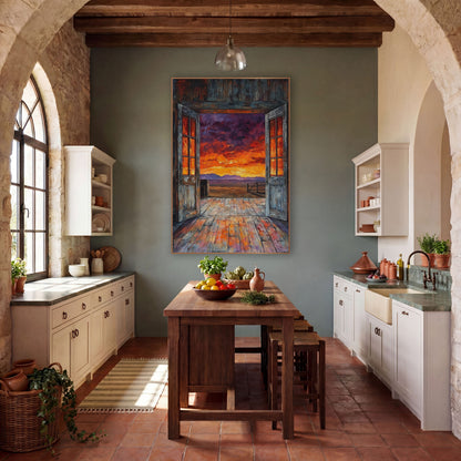 Open Barn Doors Sunset Western wall art in a rustic western-style room – two weathered wooden doors open to a fiery