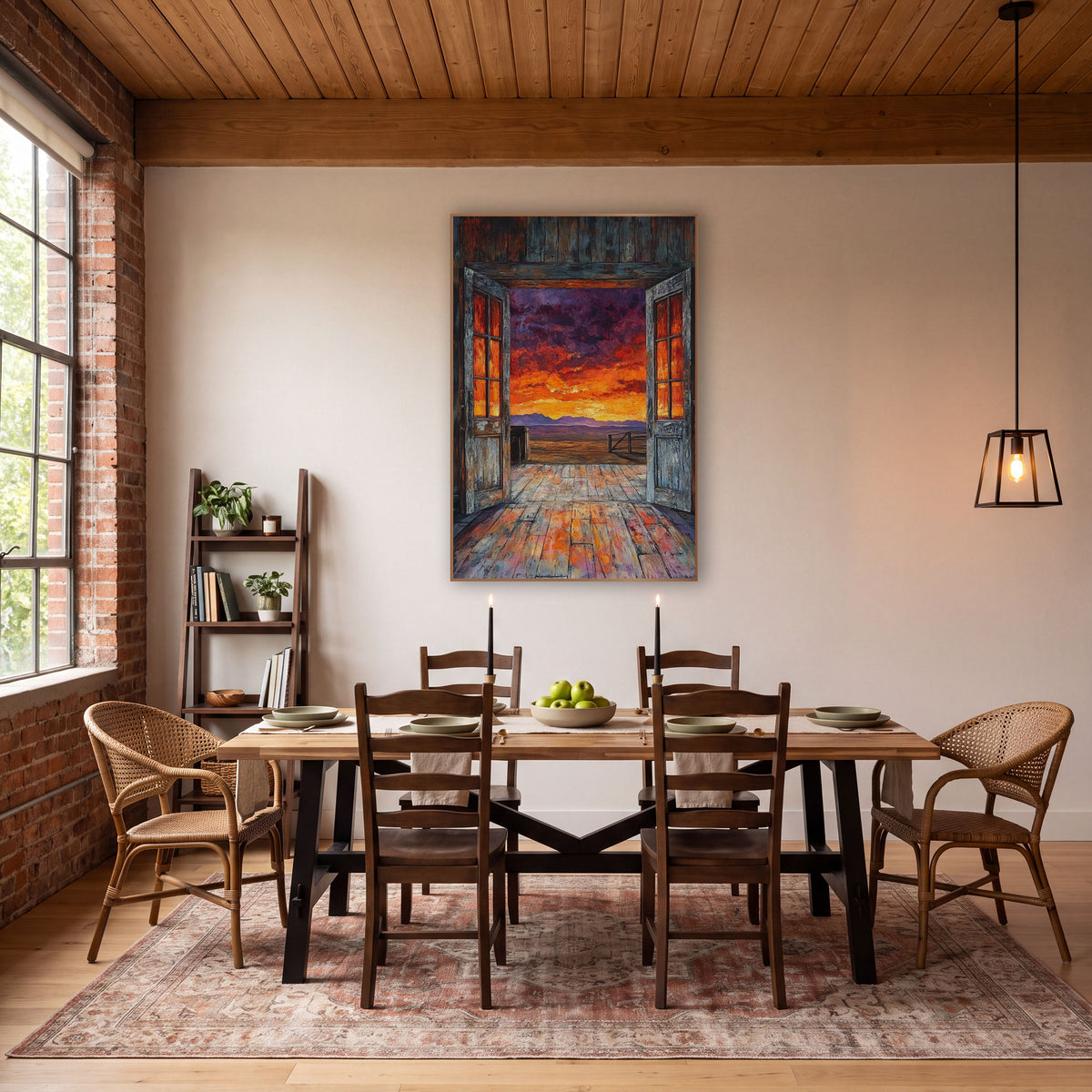Open Barn Doors Sunset Western wall art in a rustic western-style room – two weathered wooden doors open to a fiery
