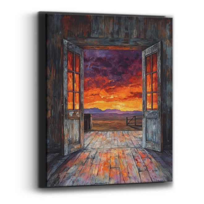 Open Barn Doors Sunset Western Canvas Wall Art