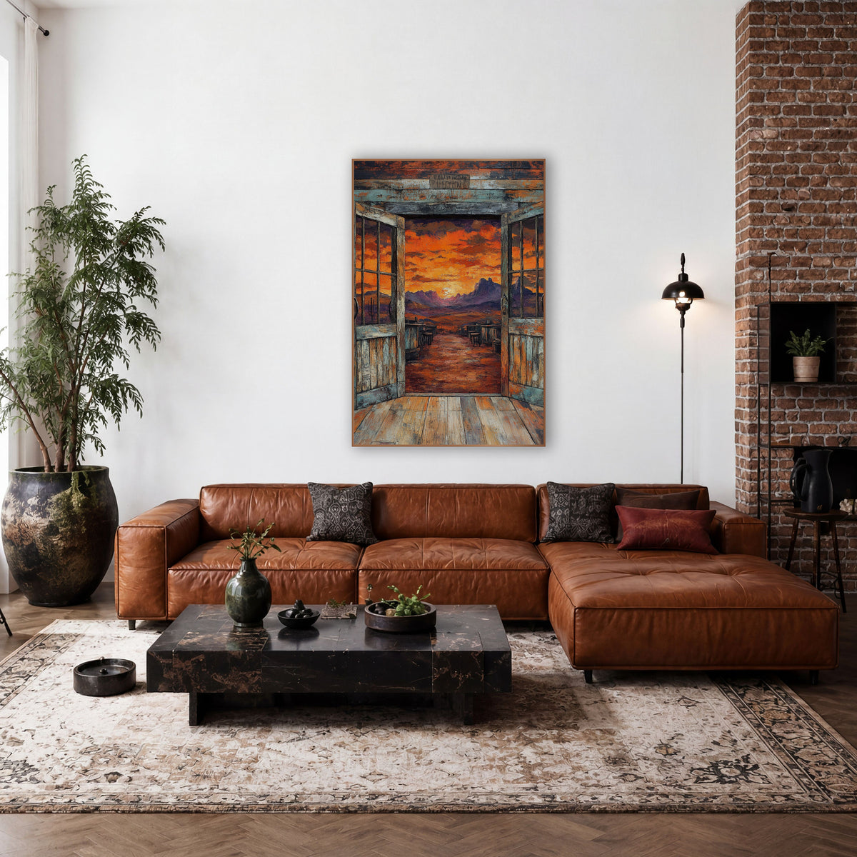 Open Saloon Doors Sunset Western wall art in a rustic western-style room – open weathered saloon doors looking out