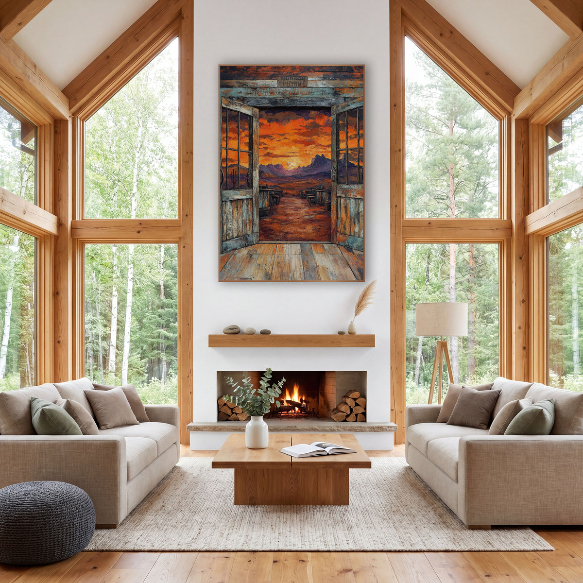 Open Saloon Doors Sunset Western wall art in a rustic western-style room – open weathered saloon doors looking out