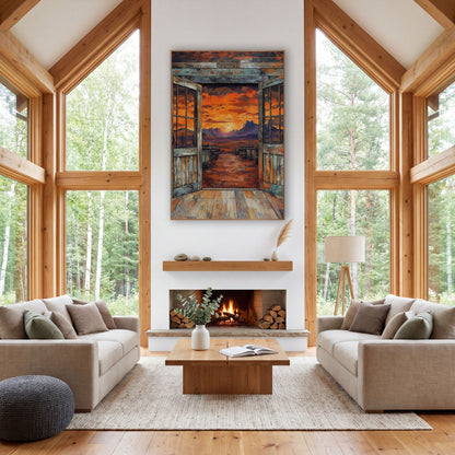 Open Saloon Doors Sunset Western wall art in a rustic western-style room – open weathered saloon doors looking out