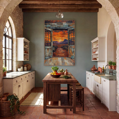 Open Saloon Doors Sunset Western wall art in a rustic western-style room – open weathered saloon doors looking out