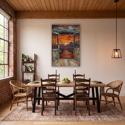 Open Saloon Doors Sunset Western wall art in a rustic western-style room – open weathered saloon doors looking out