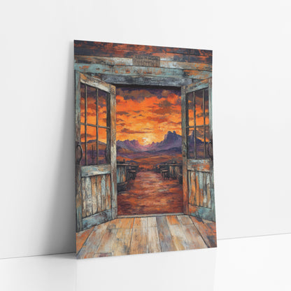 Open Saloon Doors Sunset Western art print leaning against a white wall – open weathered saloon doors looking out