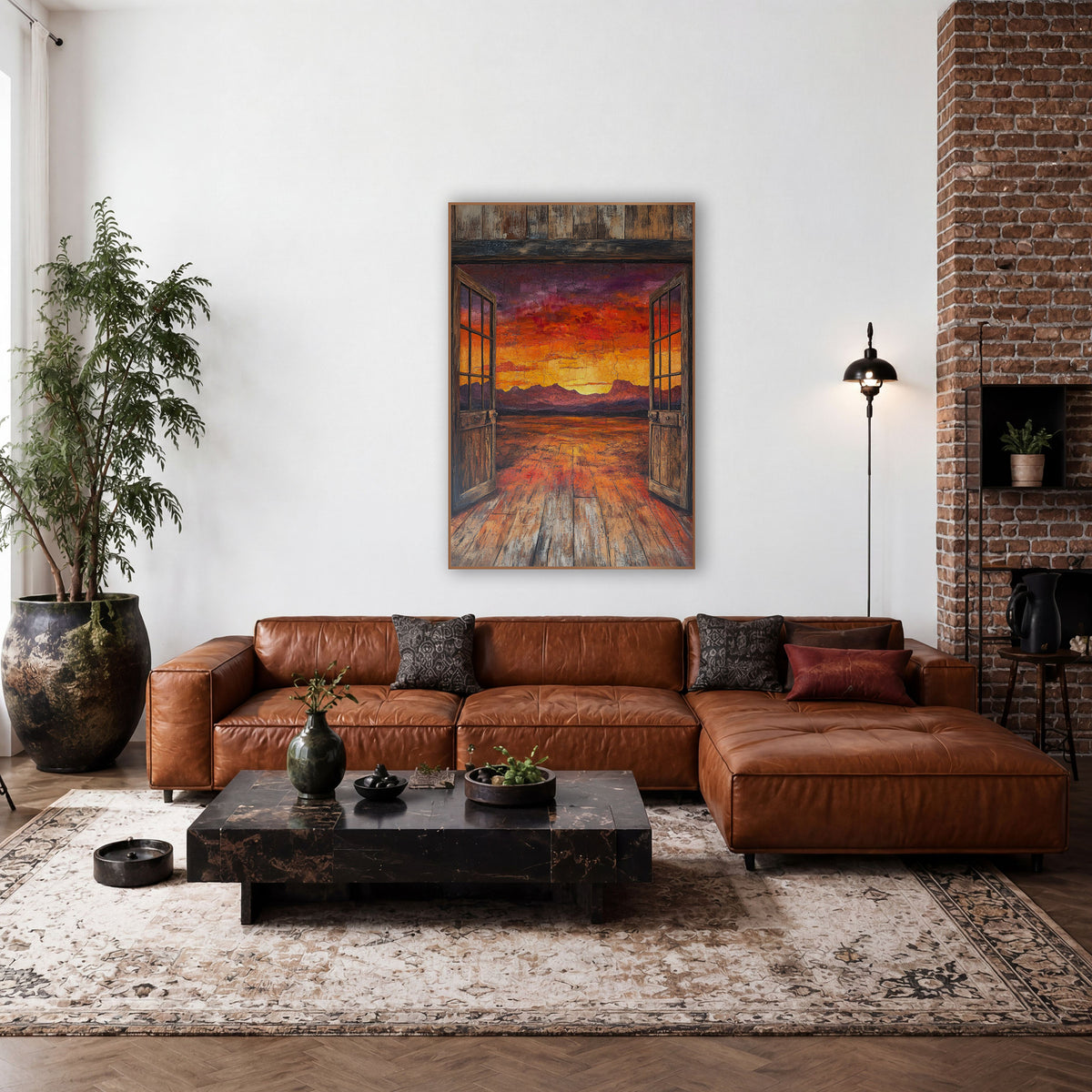 Open Saloon Doors Desert Sunset Western wall art in a rustic western-style room – open weathered saloon doors