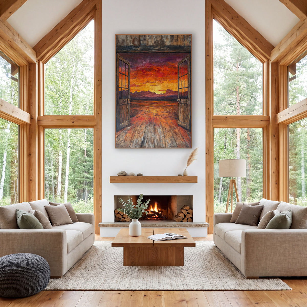 Open Saloon Doors Desert Sunset Western wall art in a rustic western-style room – open weathered saloon doors