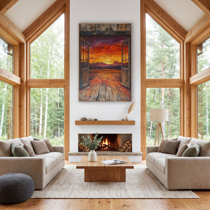 Open Saloon Doors Desert Sunset Western wall art in a rustic western-style room – open weathered saloon doors