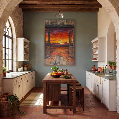 Open Saloon Doors Desert Sunset Western wall art in a rustic western-style room – open weathered saloon doors