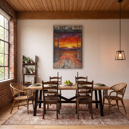 Open Saloon Doors Desert Sunset Western wall art in a rustic western-style room – open weathered saloon doors