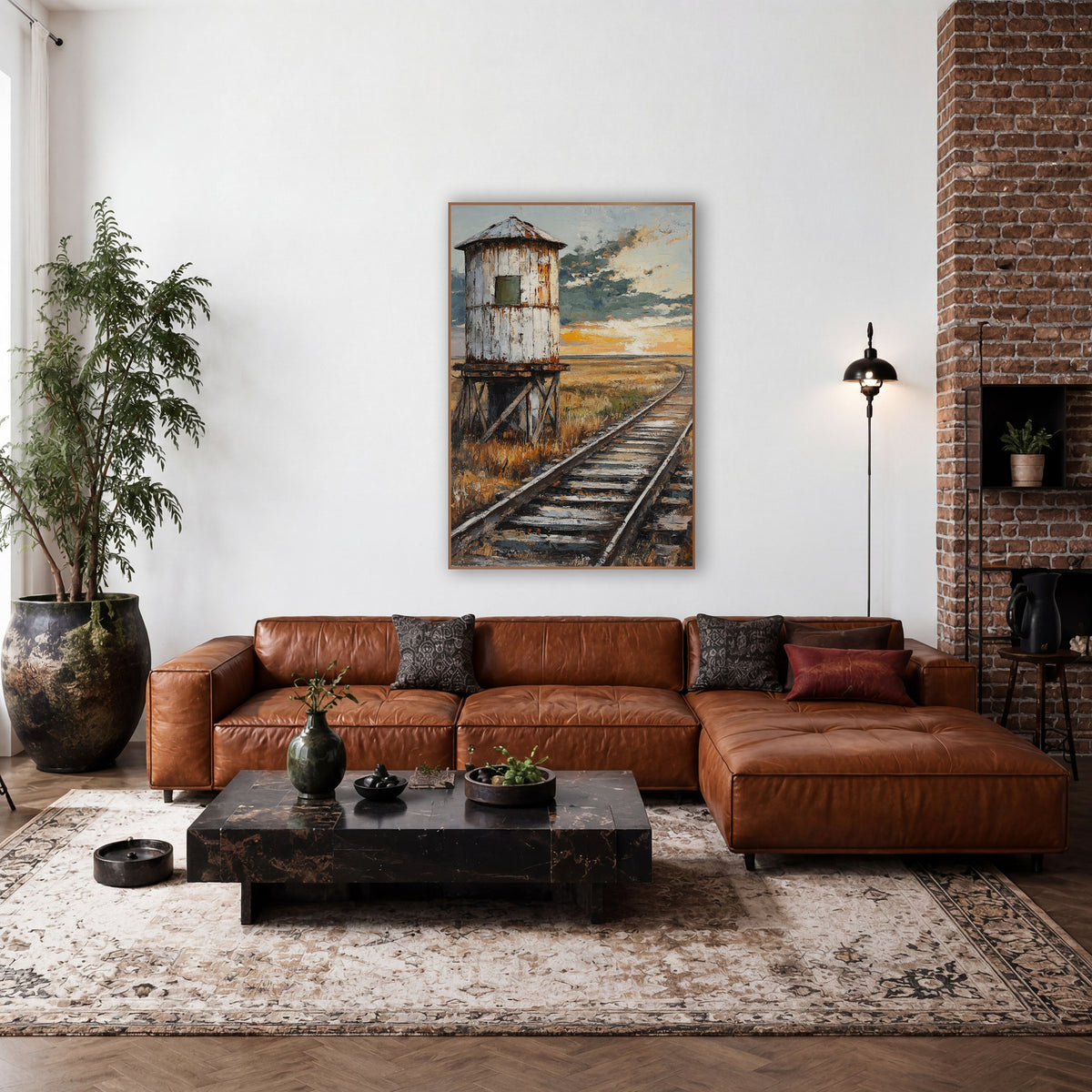 Old Water Tower Rustic Western wall art in a rustic western-style room – weathered white water tower on wooden stilts