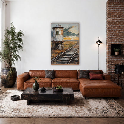 Old Water Tower Rustic Western wall art in a rustic western-style room – weathered white water tower on wooden stilts